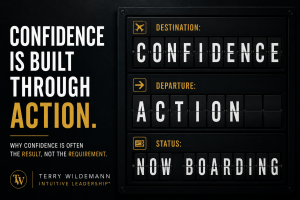 Confidence blog post Terry Wildemann - Intuitive Leadership® Powered by SHIFTology® - Intuitive Leadership® Powered by SHIFTology® A modern leadership-themed graphic featuring a black airport departure board with the words "Confidence," "Action," and "Now Boarding." On the left, bold white and gold typography reads, "Confidence Is Built Through Action," with the subtitle, "Why confidence is often the result, not the requirement." The design uses a black, white, and gold color palette with Terry Wildemann | Intuitive Leadership® branding at the bottom. The visual symbolizes taking action as the pathway to building confidence and momentum.